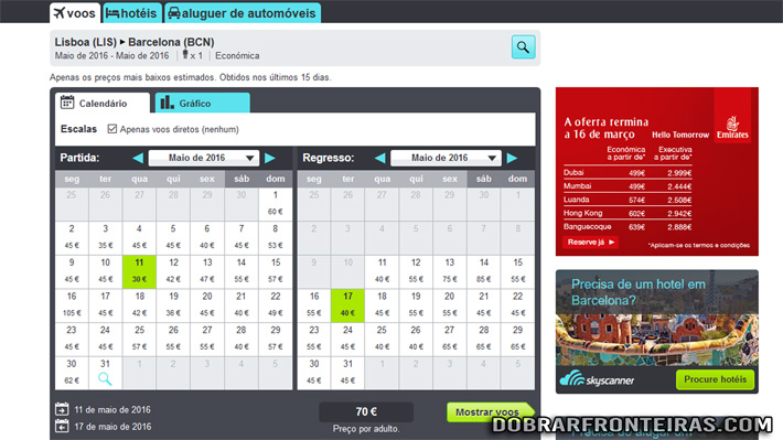 Pesquisa mensal de voos no Skyscanner