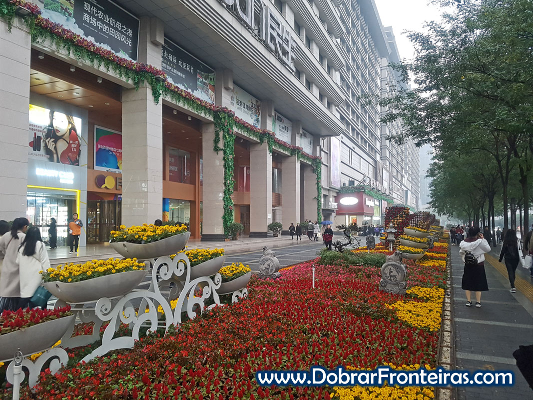 Canteiro com flores amarelas e vermelhas em rua de Xi'an, China